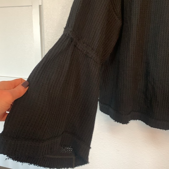 We the free Free People thermal bell sleeve waffle knit shirt-black-Medium - Picture 7 of 11